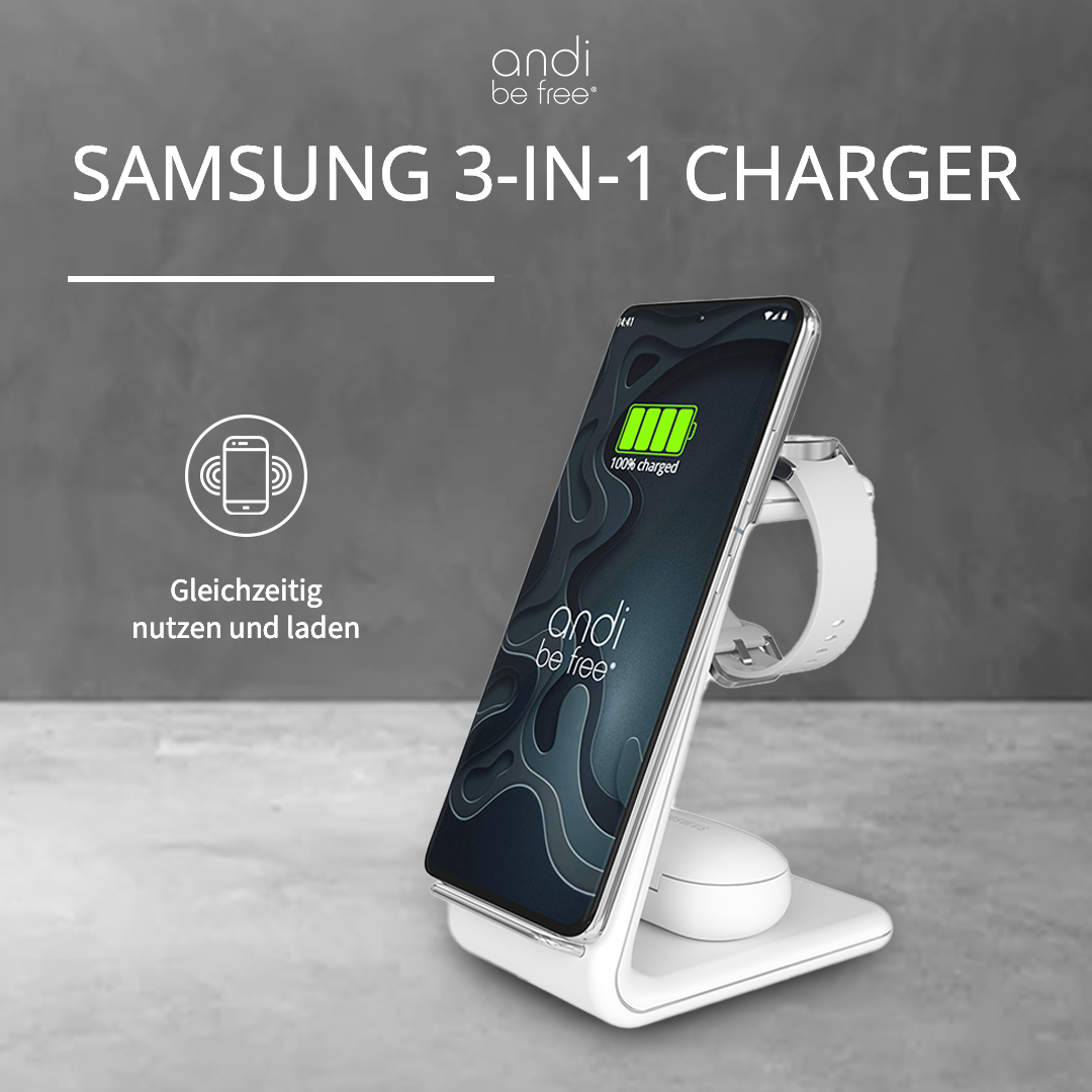 3-in-1 Samsung Ladegerät - Wireless Charger - Ladestation für Smartphone,  Samsung Watch, Qi-kompatible Earbuds - Schnelladegerät